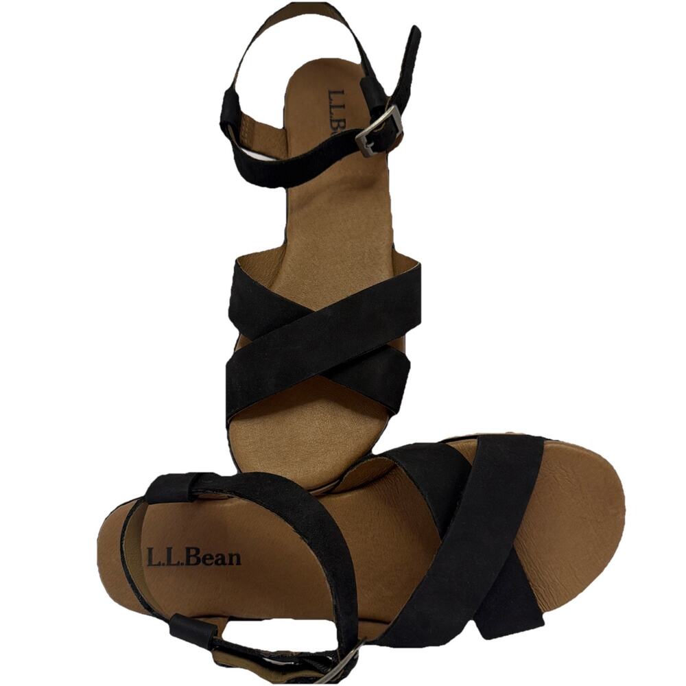 Euc L L Bean Sandals Size 10 Black Leather Walking Casual Classic Strappy Buckle